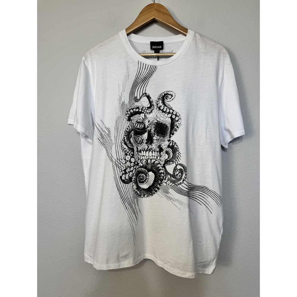 Just‎ Cavalli Shirt Mens Large White Skull Octopus Graphic Tee T-Shirt Nautical